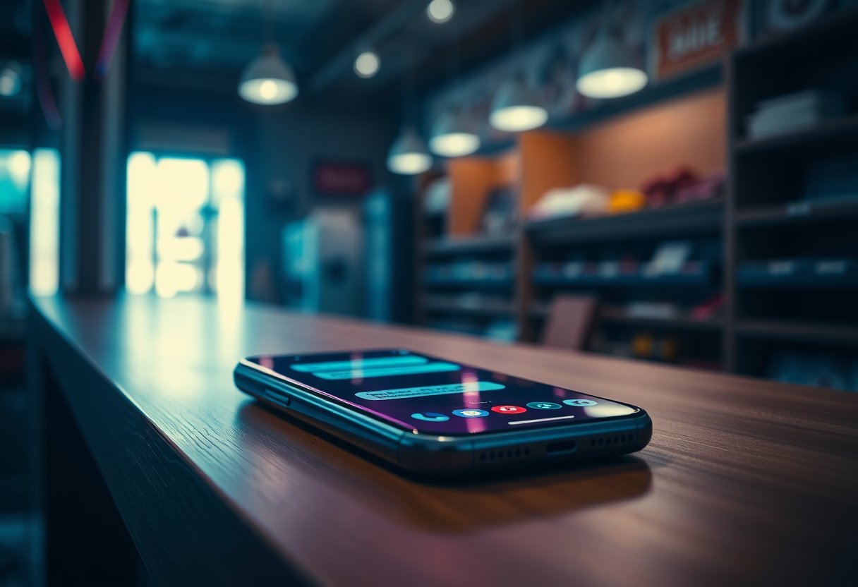 Celular no balcão de uma loja à noite, com mensagem sem resposta